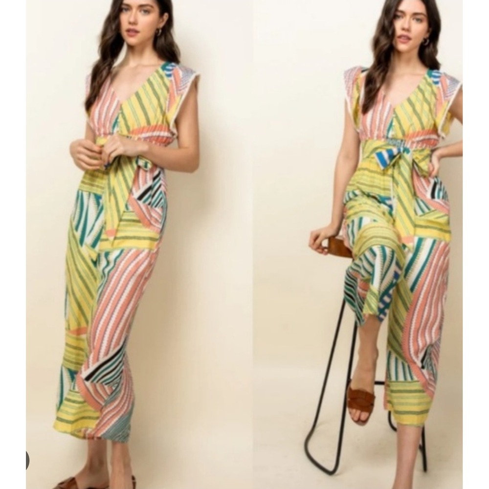 THML Women's Jumpsuit‎ Small Multicolor Striped Belted Wide Leg Casual